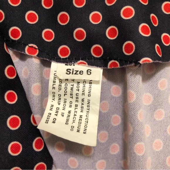 ILGWU Women's Size 6 Navy Blue/Red/Tan Long Puff Sleeve Polka Dot/Striped Dress - Picture 10 of 11